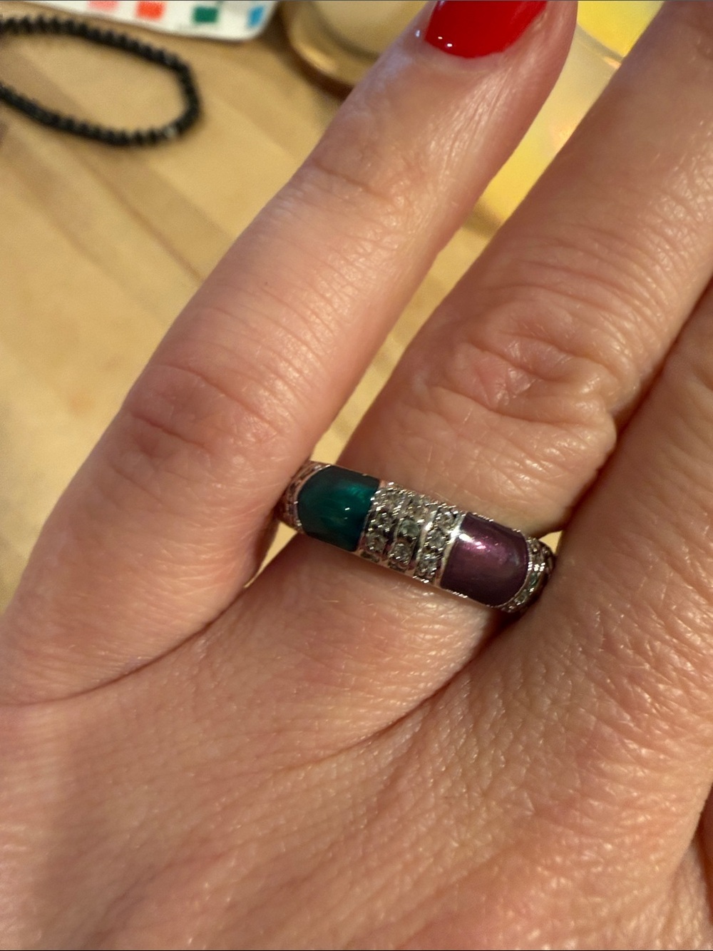 Enamel Ring with Rhinestone Accents - Teal & Purple
